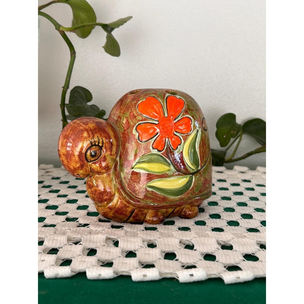 Vintage Ceramic Turtle Flower Frog, Whimsical Pencil Holder or Bud Vase Decor
